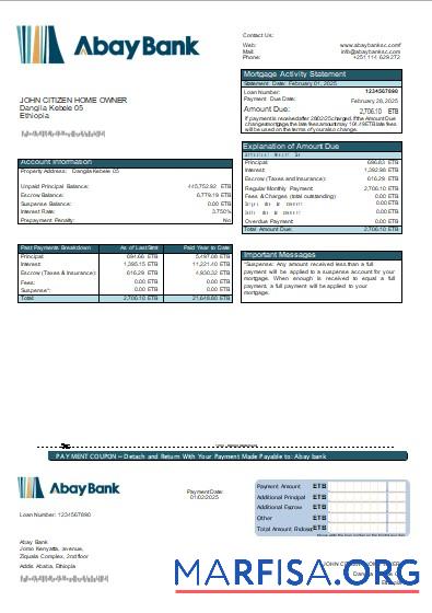 Downloadable Ethiopia Abay bank mortgage statement scr real example